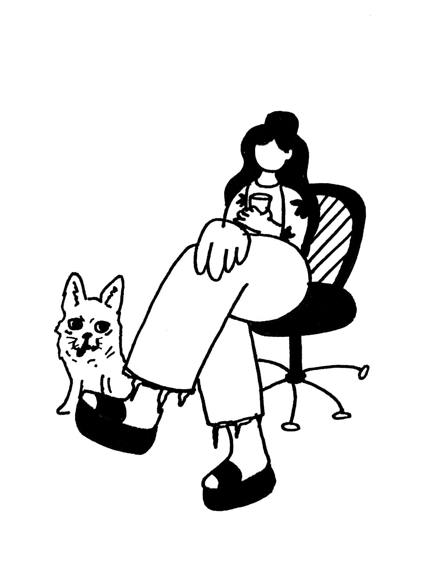 Illustration of Valentina sitting on a chair with her chihuahua